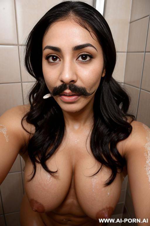 two lesbian milfs with a mustache wearing only a hijab with hairy pussy and hairy armpits taking a shower together - #main