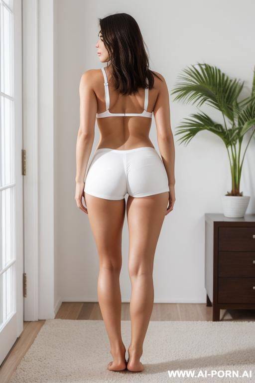 wearing a tight white hotpants, bare feet, perfect body, hourglass figure - #main