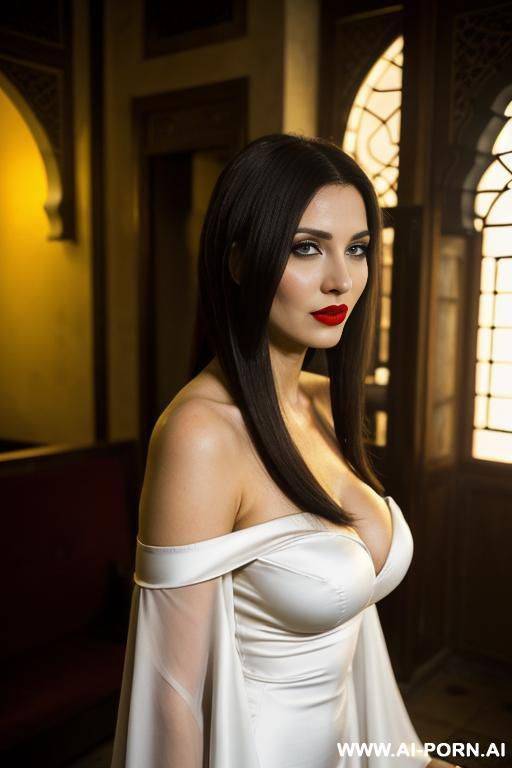 goth eye contact red lipstick, very long hair, white gorgeous cacked woman , round soft face , sexy pretty body, wearing see-though off-shoulder dress - #main