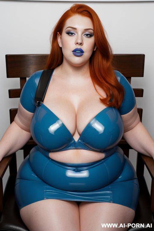 a woman with ginger hair and blue lips with a blue latexdress covering on her chin and jaw is looking up. - #main