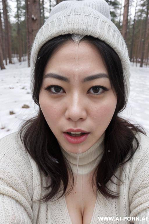 (((covered in a lot of cum))) cum dripping off of face, straight face, white knitted hat, turtleneck gray sweater, hands on chin, forest, snow is falling, full shot view, front view - #main