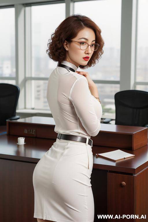 (round glasses), (short hair), (curly hair), (white skin), (cloths on), (librarian), (office skirt), (choker), (sexy) - #main