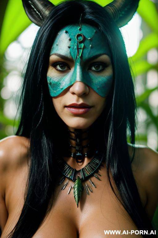 (close up) (cyberpunk shaman woman) (shaman mask) (digital jungle) - #main