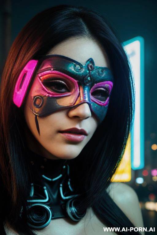 (close up) (cyberpunk woman) (plain full face masquerade mask) (neon digital world) - #main
