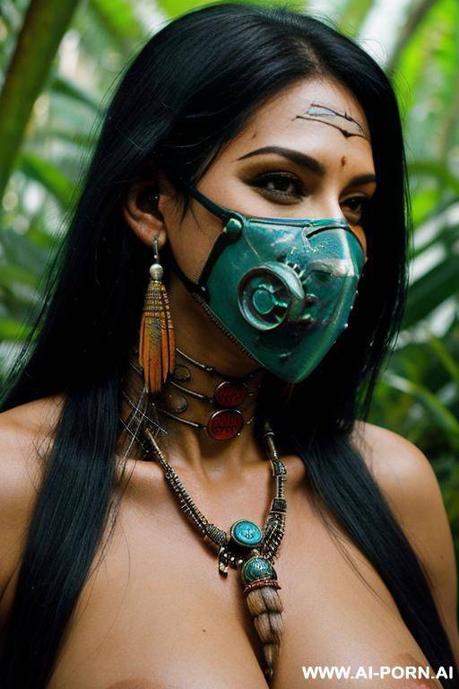 (close up) (cyberpunk shaman woman) (shaman full face mask) (digital jungle) - #main