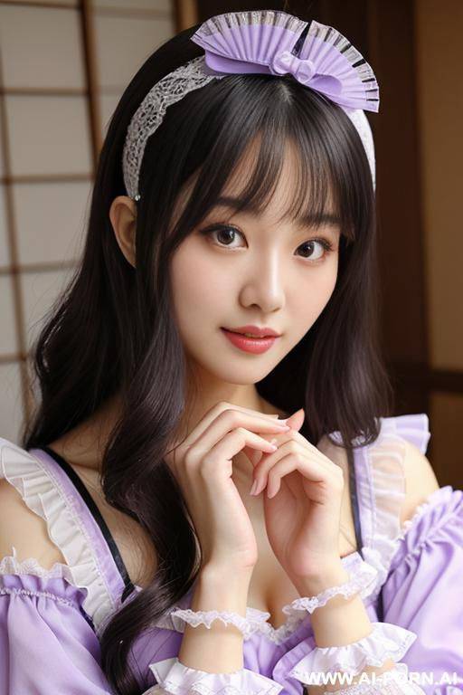 idol, staring, lace headband, frilly idol costumes, puff sleeves, pastel purple, hands on chin, studio - #main