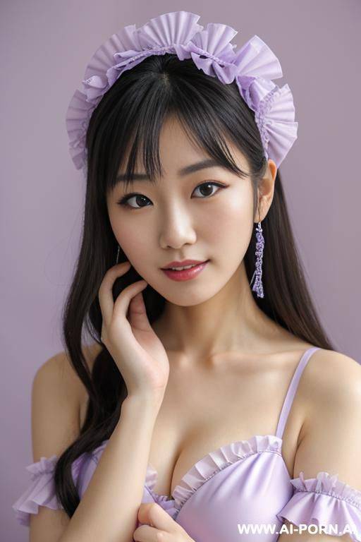 staring, frilly headband, frilly idol costumes, pastel purple, hands on chin, studio - #main