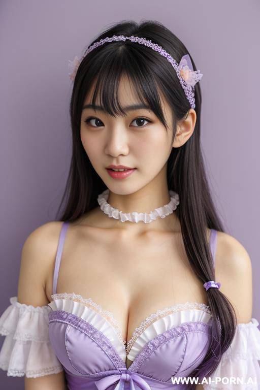idol, staring, lace headband, frilly idol costumes, with collar, pastel purple, hands on chin, studio - #main