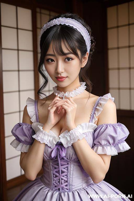 idol, staring, lace headband, frilly idol costumes, with collar, puff sleeves, pastel purple, hands on chin, studio - #main