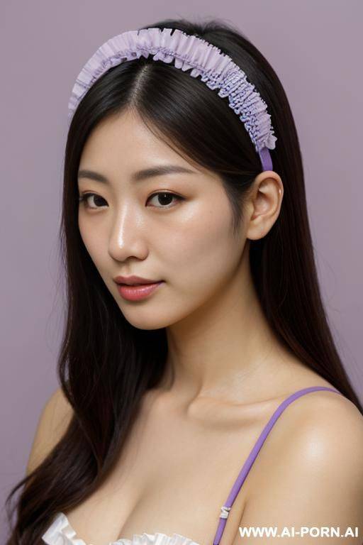 staring, frilly headband, pastel purple, hands on chin, studio - #main