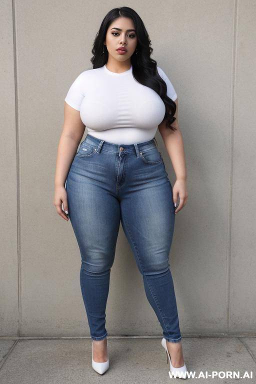 very , mexican, chola style, tight white shirt, tight blue high rise jeans, very wide hips, hourglass figure, big eyes, full shot, extra thicc - #main