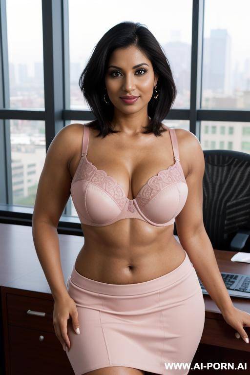 indian, short straight hair, curvy, abs, muscular arms, big ass, tall, long legs, navel piercing, pink bra, pink pleat skirt, looking at camera, full body, stiletto - #main