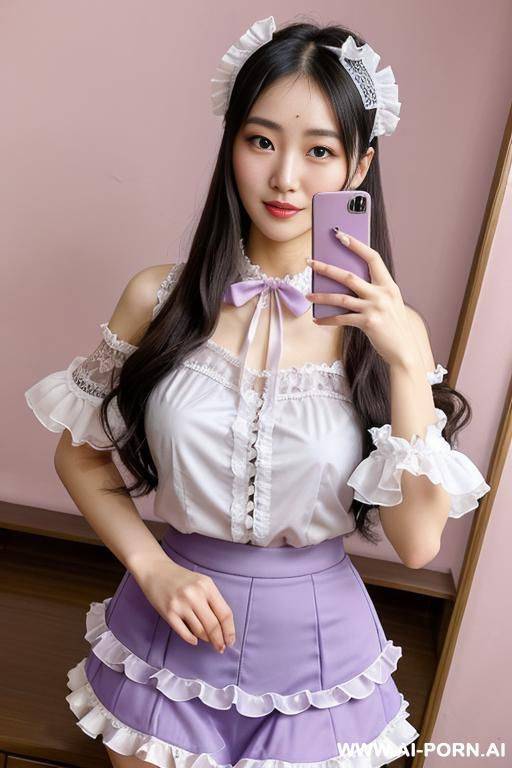idol, staring, lace headband, frilly blouse, frilly skirt, puff sleeves, pastel purple, hands on chin, studio, selfie - #main