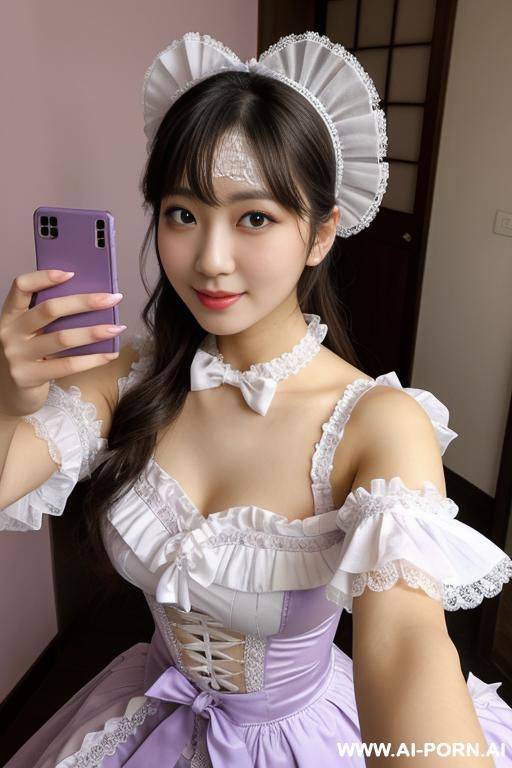 idol, staring, lace headband, frilly white blouse, ribbon, frilly idol costumes, puff sleeves, pastel purple, hands on chin, studio, selfie - #main