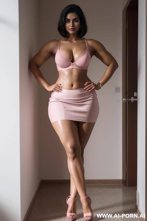 indian, short straight hair, curvy, abs, muscular arms, big ass, tall, long legs, navel piercing, pink bra, pink pleat skirt, looking at camera, full body, stiletto, in house - #main