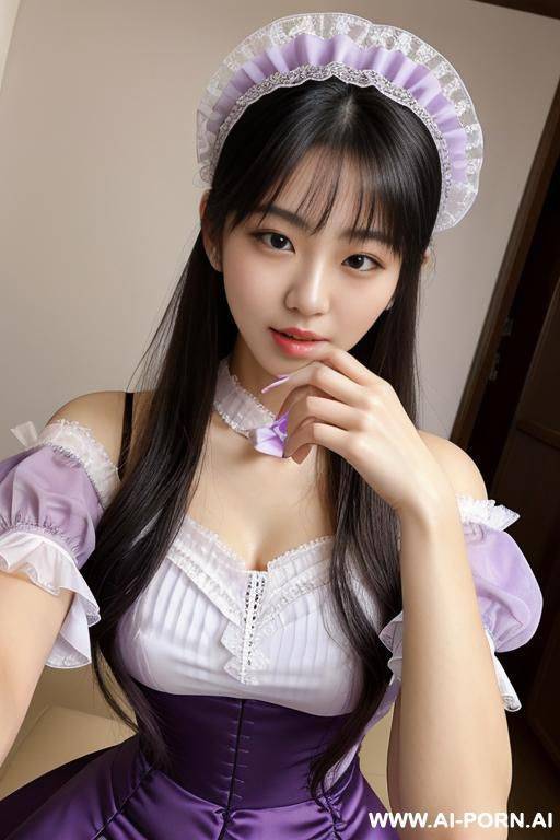 idol, staring, lace headband, frilly blouse, puff sleeves, pastel purple, hands on chin, studio, selfie - #main