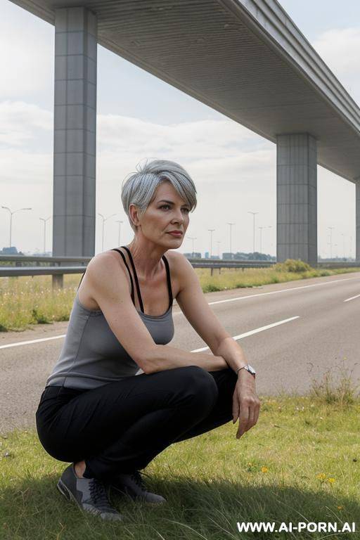 german woman, slender, middle-aged, with pixiecut, grey hair squatting on grass near motorway - #main