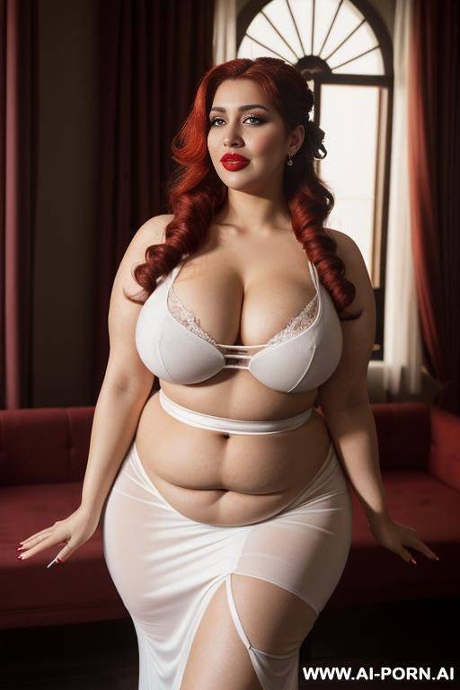 red lipstick, very long hair, white gorgeous cacked woman , round soft face , super plump hourglass figure, sexy body, wearing set women transparent sexy sling dress & g-string - #main