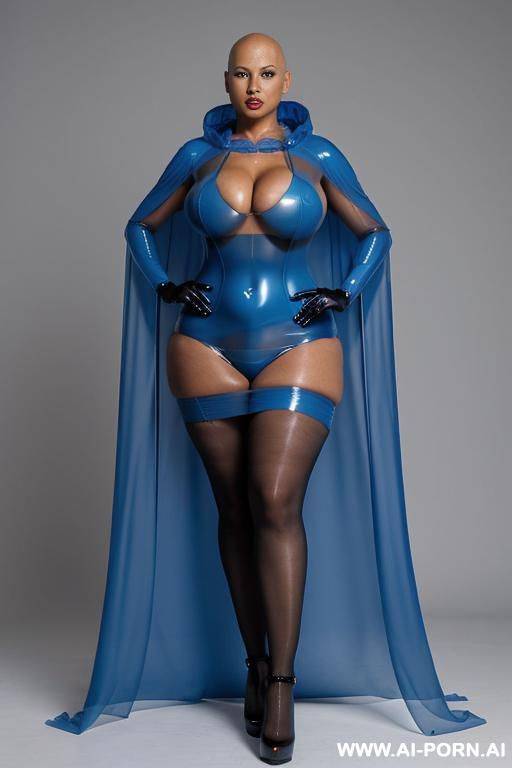 a eboby woman with bald head and blue lips wearing a transparent blue latex dress and a transparent blue latex hoodcape. - #main
