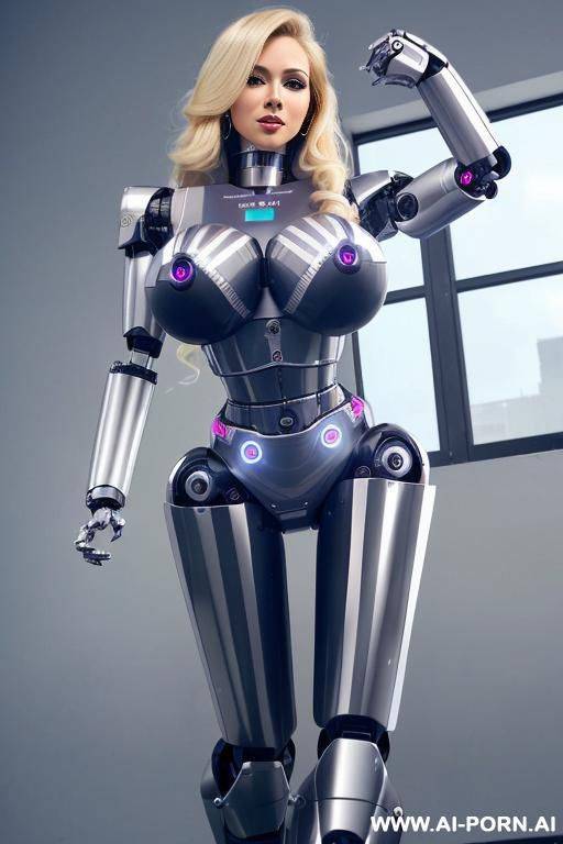 sexy robo cop, full body view, long blonde hair, (pretty face, fully robotic body, fit body, shapely body, huge firm robotic tits:1.3) - #main