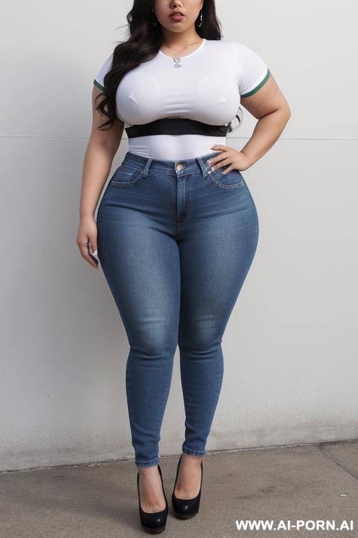 very , mexican, chola style, tight white shirt, tight blue high rise jeans, very wide hips, hourglass figure, big eyes, full shot, extra thicc - #main