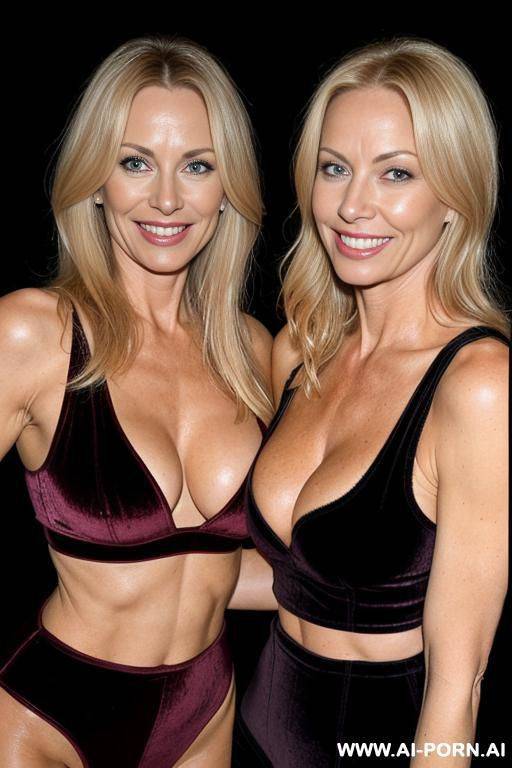 two mature blonde in velvet bodysuit and two milf in velvet crop top show tits and pussy - #main