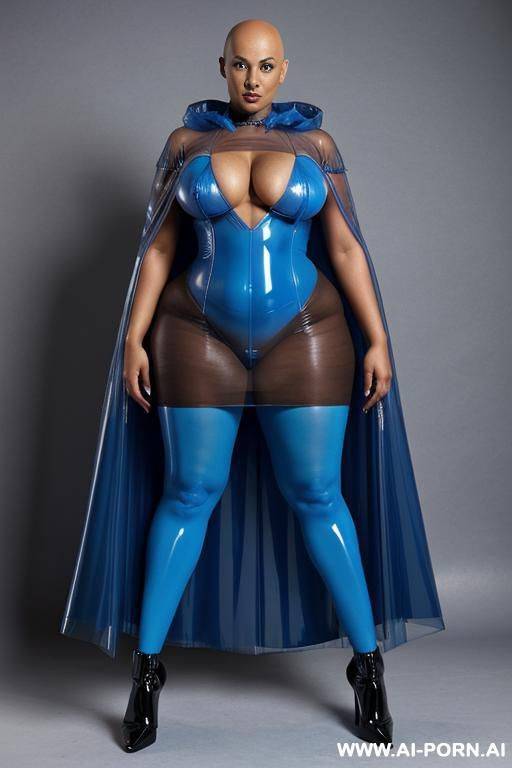 a eboby woman with bald head and blue lips wearing a transparent blue latex dress and a transparent blue latex hoodcape. - #main