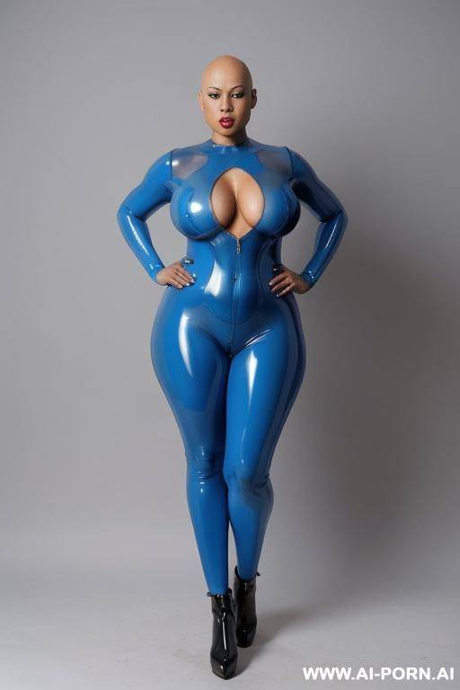 a eboby woman with bald head and blue lips wearing a transparent blue latex catsuit. - #main