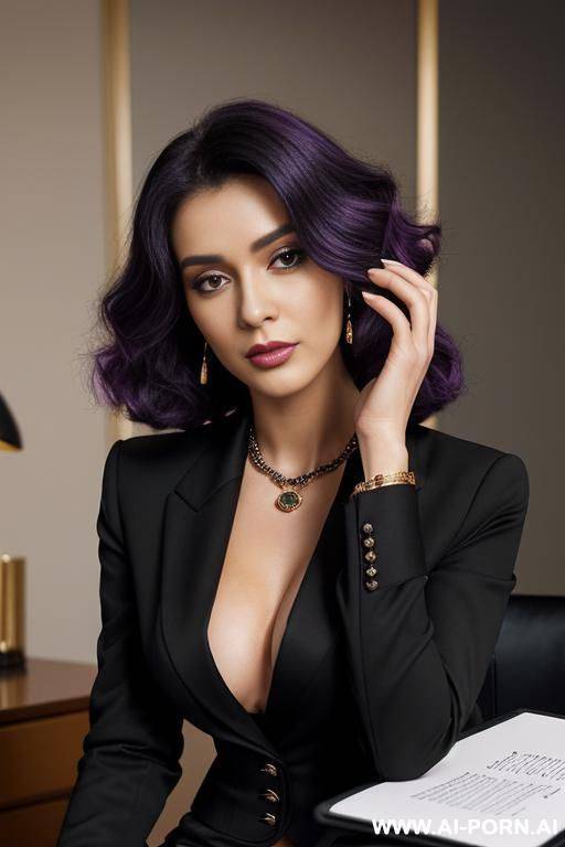 boss woman adjusting hair massive boobs long curly purple hair corset strapless dress deep v - #main