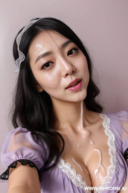 idol, black hair, lace headband, frilly pastel purple blouse, puff sleeves, facial cumshot, (((covered in a lot of cum))) cum dripping off of face, (((lot of cum))), hands on chin, studio, selfie - #main