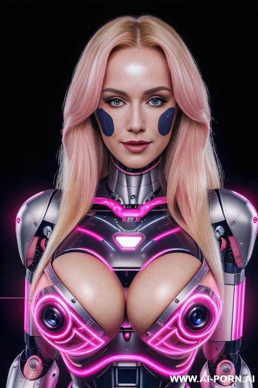 sexy robo cop, full body view, long blonde hair, (pretty face, fully pink robotic body, electronic display in chest, fit body, shapely body, huge firm robotic tits:1.2) - #main