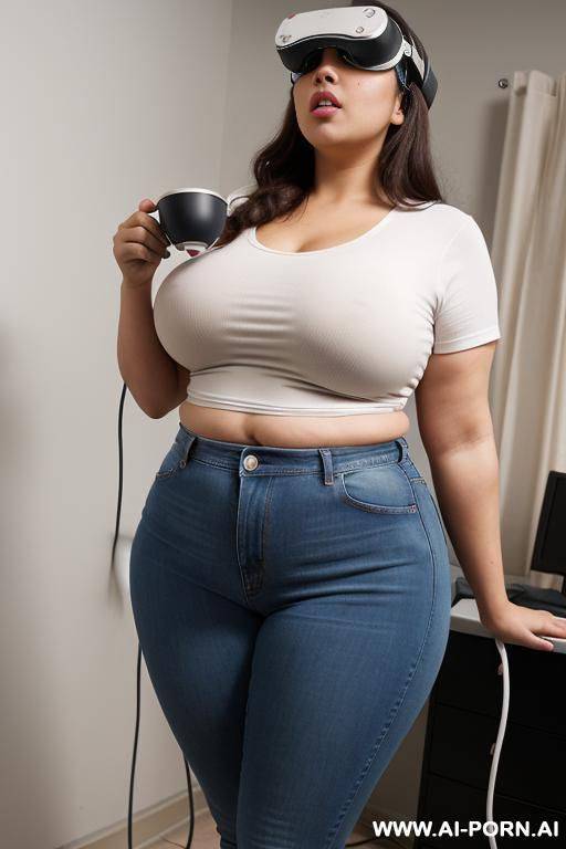 hooked up to wires, laboratory, very obese but proportionate, mexican, big eyes, huge hips, hourglass figure, , tight shirt, high rise jeans, pear shaped, excited, drinking tea, big belly, hooked up to wires, oculus rift - #main