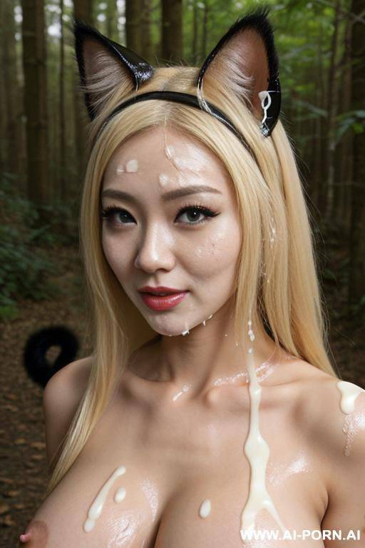 cosplay, staring, blonde, cat ear headband, leather anime costumes, facial cumshot, (((covered in a lot of cum))) cum dripping off of face, lot of cum, meow meow pose, forest - #main