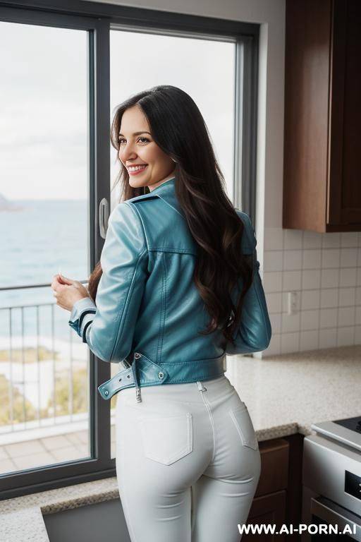beautiful woman, french, long wavy brunette hair, medium hight, light blue leather jacket, long white pants, standing in a kitchen, window with sea in background, smiling, sunshine cold weather, black boots - #main