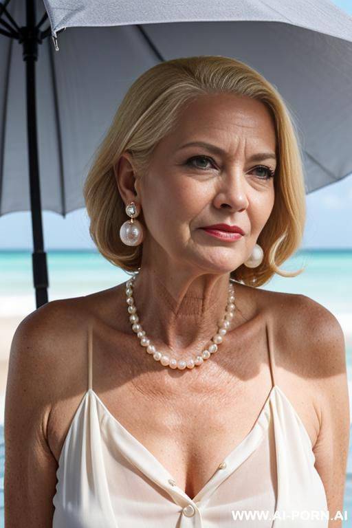 blonde fucking old fart man. under the umbrella sea.earrings and pearl necklace.front view.gy style - #main