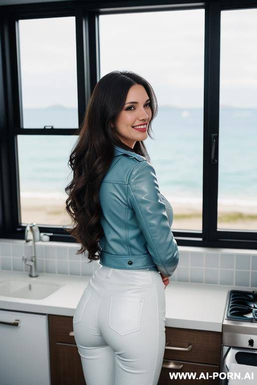 beautiful woman, french, long wavy brunette hair, medium hight, light blue leather jacket, long white pants, standing in a kitchen, window with sea in background, smiling, sunshine cold weather, black boots - #main