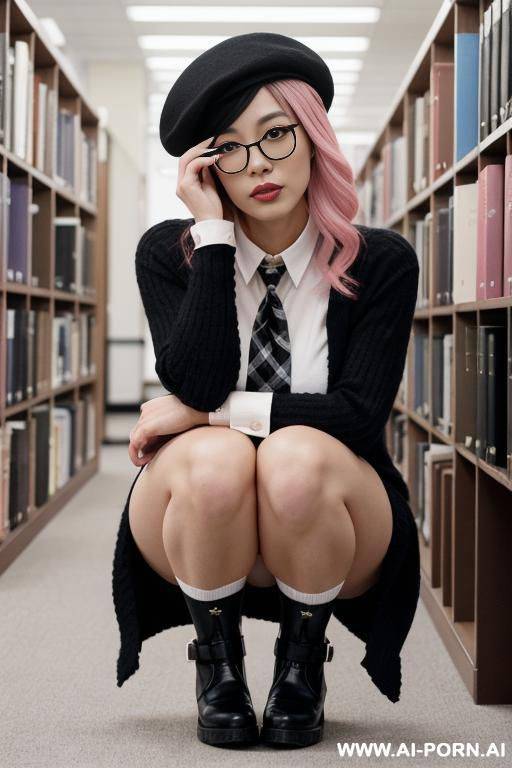 japanese model woman.her hair is two-tone, with pink on the left and black on the right.she wears round glasses.she wears a black beret.her left eye is black.her right eye is pink.she is - #main