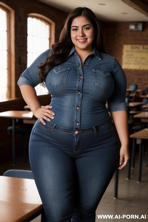 very , mexican, pear shaped, wide, tight blue shirt, high rise jeans, hourglass figure, extra thicc, huge - #main