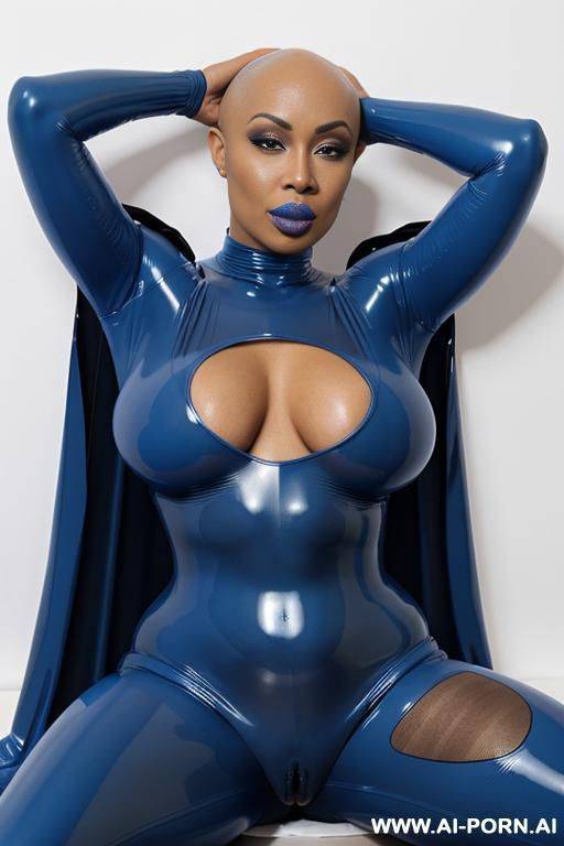a eboby woman with bald head and blue lips wearing a transparent blue latex catsuit and a transparent blue latex hoodcape. - #main