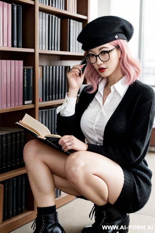 japanese model woman.the hair color is ge hair, pink on the left and black on the right.she wears round glasses.she wears a black beret.her left eye is black.her right eye is pink.she is - #main