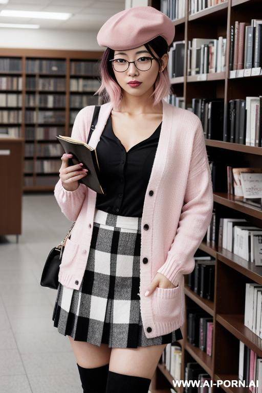 japanese woman.her hair is two-tone, with pink on the left and black on the right.she wears round glasses.she wears a black beret.her left eye is black.her right eye is pink.she is reading in - #main
