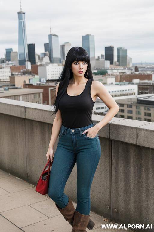 a woman, long black hair with bangs, large and expressive green eyes, full body, standing, wearing blue jeans, wearing a dark yellow tank top, wearing a red plaid shirt, wearing brown boots, view of the city in the background - #main