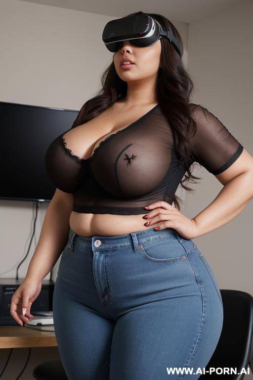 hooked up to wires, laboratory, very obese but proportionate, mexican, big eyes, huge hips, hourglass figure, , tight shirt, high rise jeans, pear shaped, excited, drinking tea, big belly, hooked up to wires, oculus rift - #main