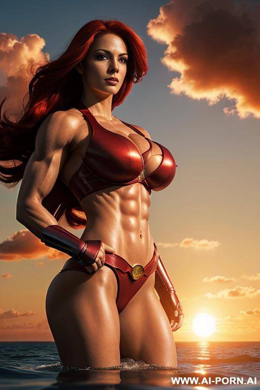 beautiful superheroine floating in clouds at sunset, toned muscles - #main