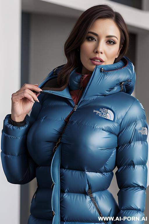 brunette secretary, (((huge blue north face nuptse))) - #main