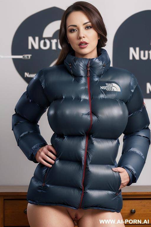 brunette secretary, (((huge dark blue north face nuptse))), (((get fucked))), penis visible, covered in cum - #main