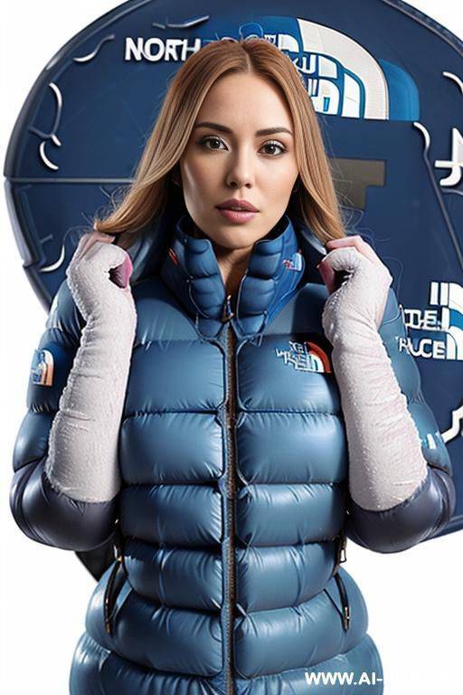 a woman with and without a dick, (((huge blue north face nuptse:1.3))), covered with cum - #main