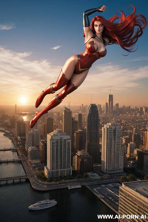 beautiful superheroine floating above city at sunset - #main
