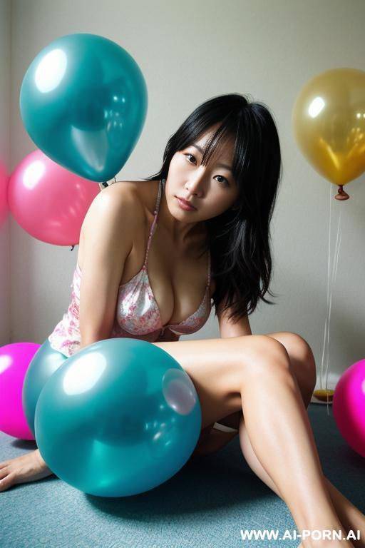 one attractive japanese woman, forty years old, summer wear, empty room corner, sitting in a sea of large balloons, close-up - #main