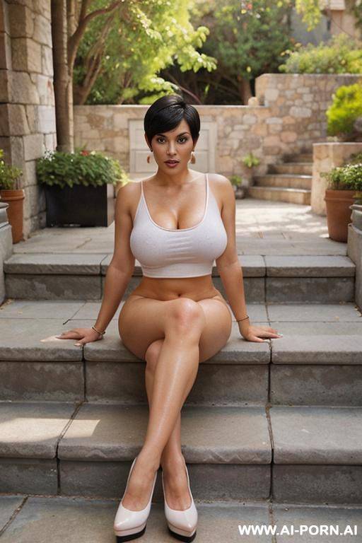 (((full body shot))), hoop earings, (stylish pixie haircut), (most beautiful women ever), (sexy milf), photorealistic image of an alluring sitting on stone stairs, showing pussy, (legs apart), (sunny - #main